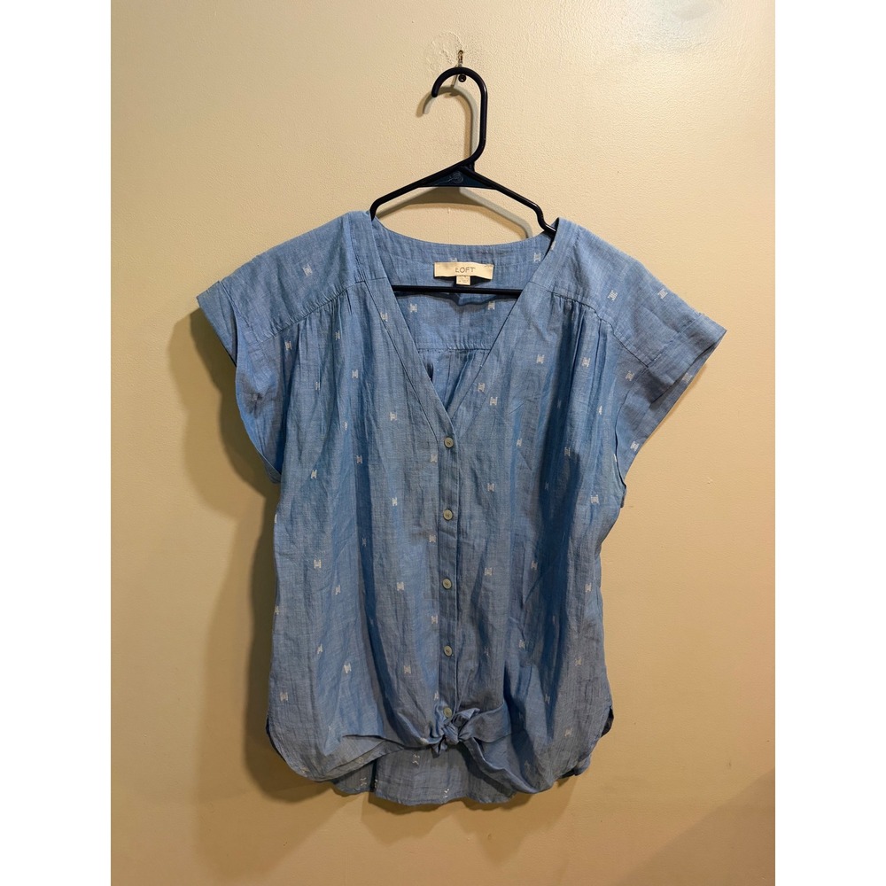 LOFT‎ Women Blue Embroidered Tie Front Button Down V-Neck Blouse Medium